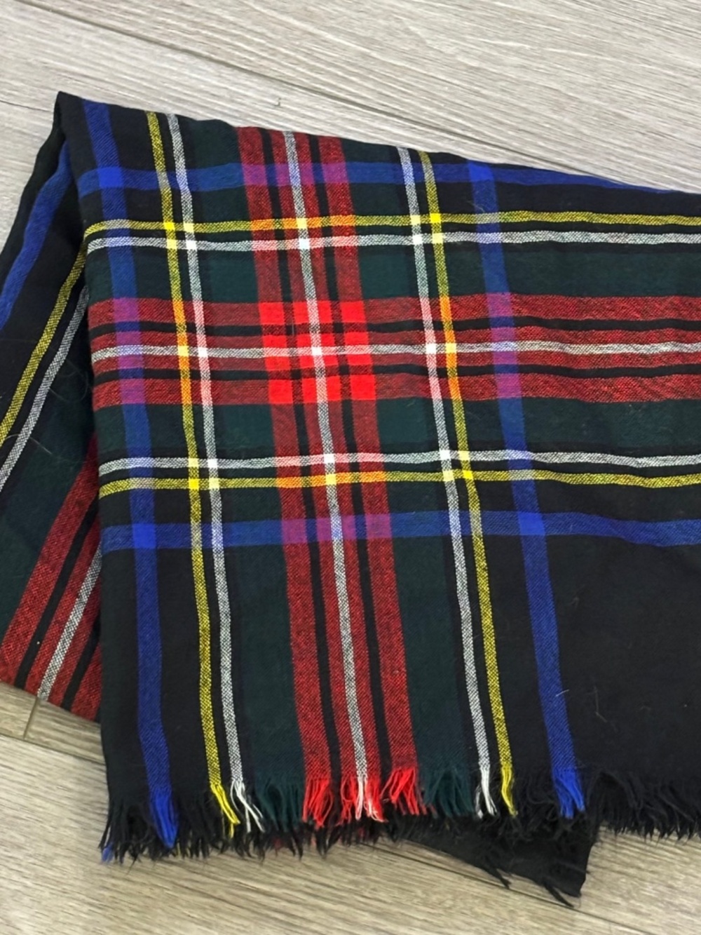 Womens Large Square Scarf Black Red Blue Yellow Plaid Fringe Wool? Unbranded